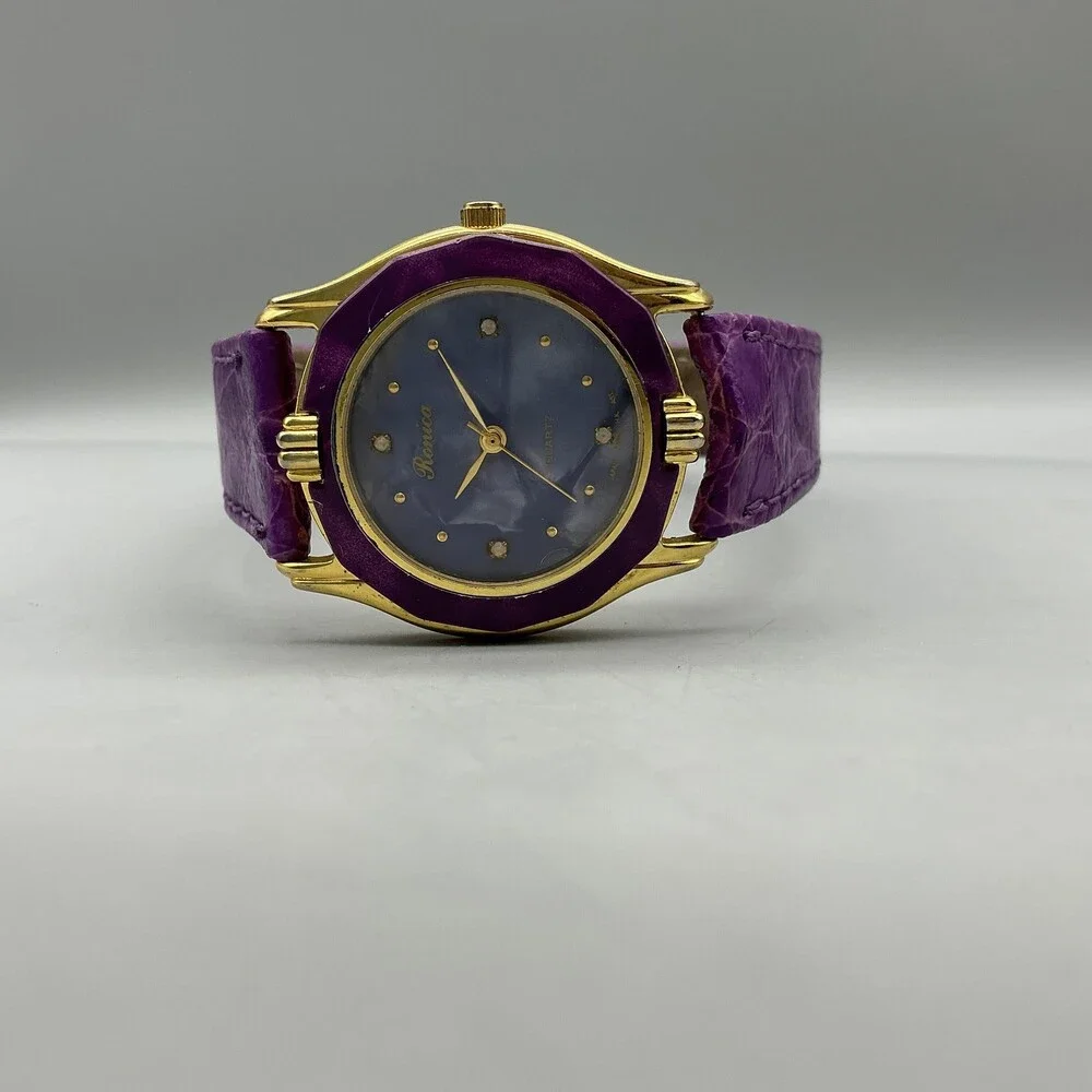 Vintage Ronica Womens Watch 31mm MOP Gold Tone Purple Leather Band New Battery